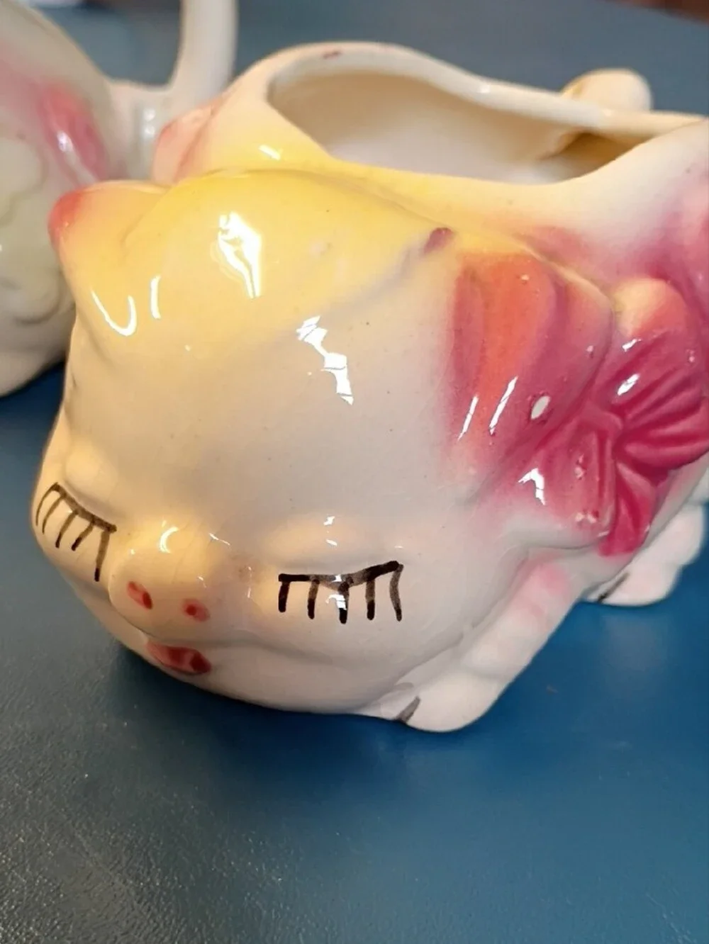 Vintage Smiley Pig Creamer and Sugar Set - Yellow and Pink